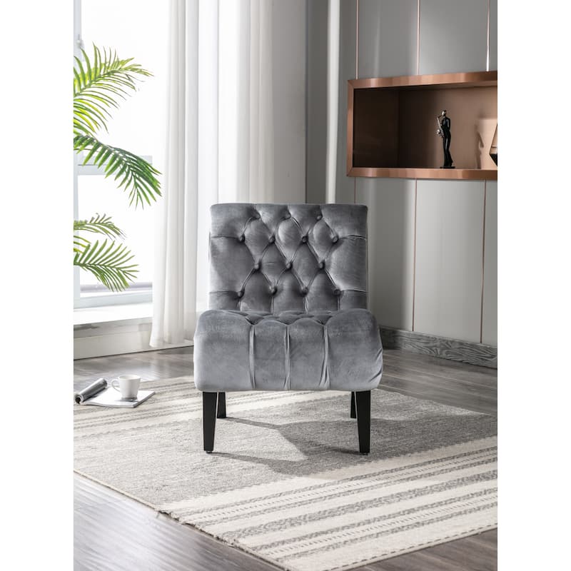 Silver Modern 22.83" Upholstered Buttons Tufted Accent Chair with Wooden Legs for Living Room