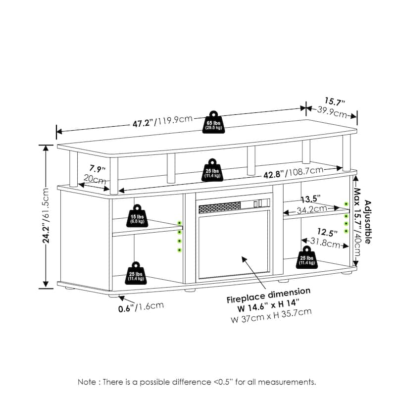 Furinno Jensen Open Shelving Storage Fireplace Entertainment Center for TV up to 55 Inch