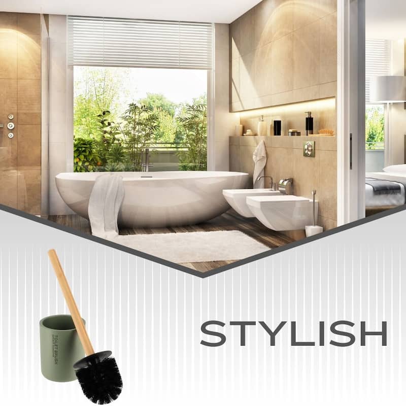 Chic Matte Toilet Brush Holder Set with Natural Bamboo Handle - 4 L x 4 W x 14.8 H