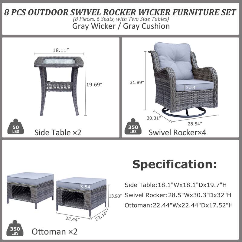 Gray Rattan Outdoor Patio Conversation Sets with Swivel Rocker Chairs