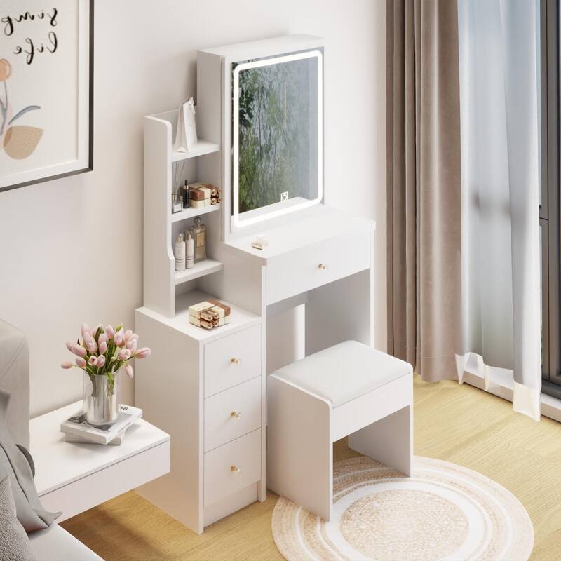 Small Space Left Bedside Cabinet Vanity Table,Cushioned Stool,Extra Large Touch Control Sliding LED Mirror,Tri-color Switching