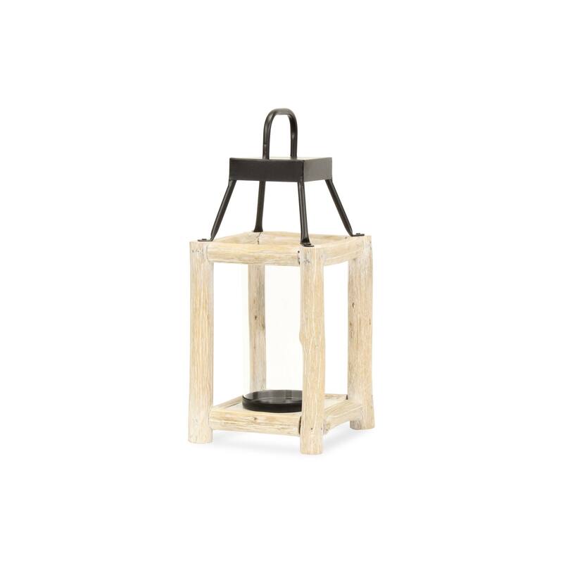 15" Natural And Black Glass Metal And Wood Tabletop Lantern Candle Holder - Small