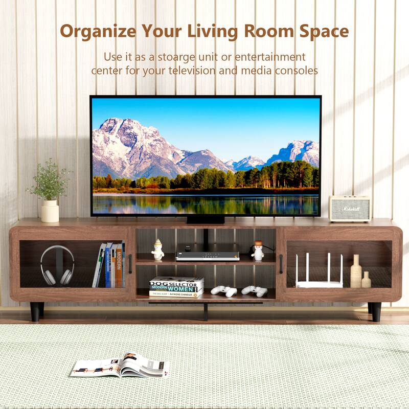 Mid Century Modern TV Stand with 2 Storage Cabinets, 2 Storage Layers Shelf and 4 Wooden Legs for Living Room Bedroom