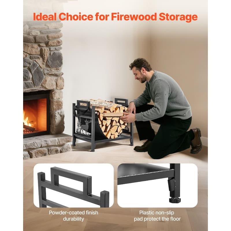Black Portable Firewood Rack with Removable Canvas Carrier 1.5 ft Heavy-Duty Steel Construction - 17.72”L x 12.40”W x 16.34”H