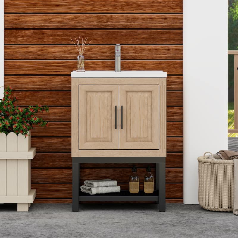 24" Bathroom Vanity with White Ceramic Sink & Hot and Cold Faucet , Freestanding Bathroom Cabinet with 2 Storage Doors - Natural