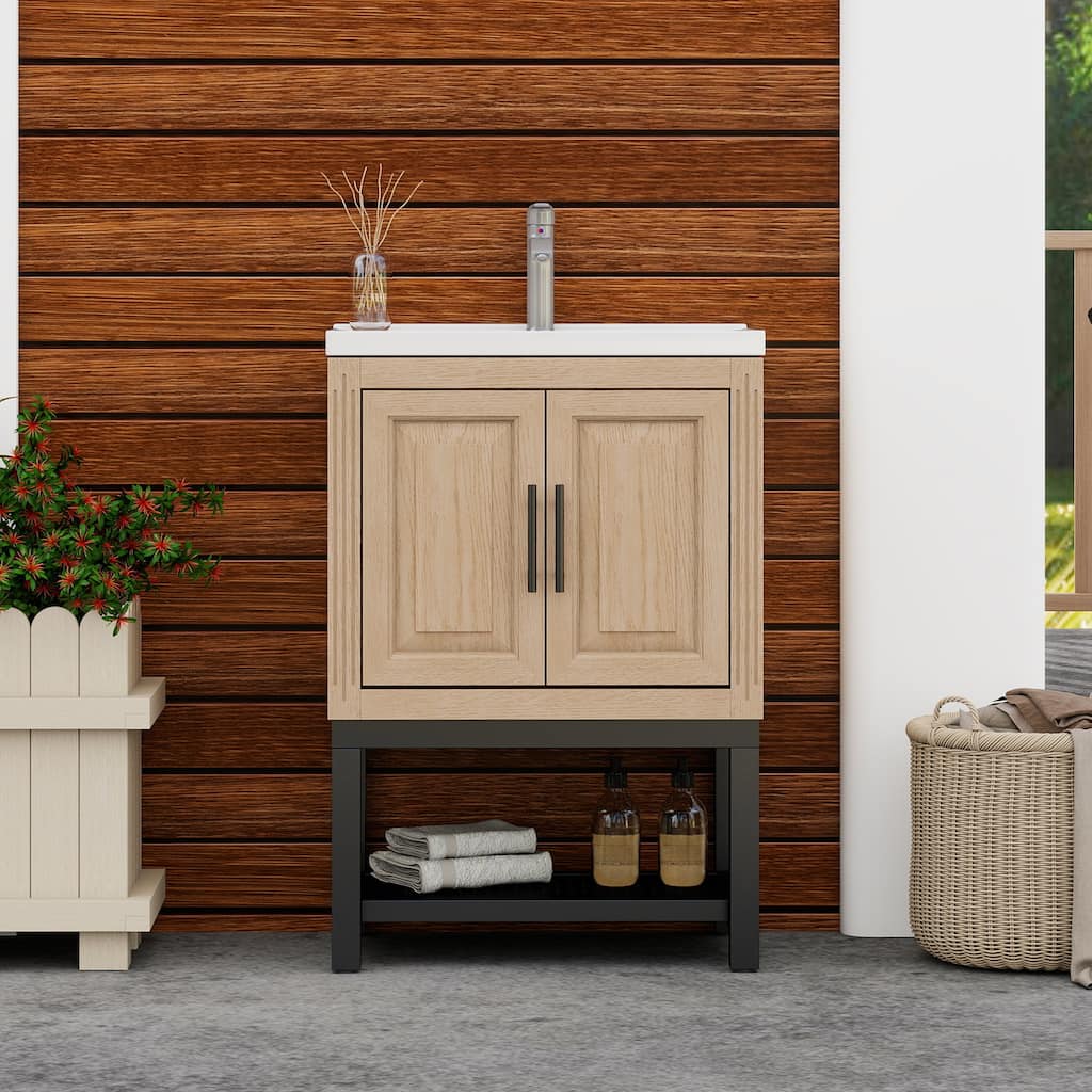 24" Bathroom Vanity with White Ceramic Sink & Hot and Cold Faucet , Freestanding Bathroom Cabinet with 2 Storage Doors