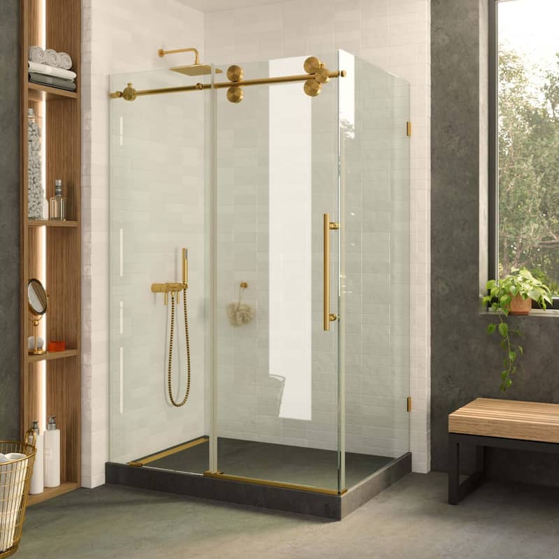 Fine Fixtures Frameless Shower Enclosure Sliding Shower Glass Door - Tempered Glass - 48 Inch - Satin Brass