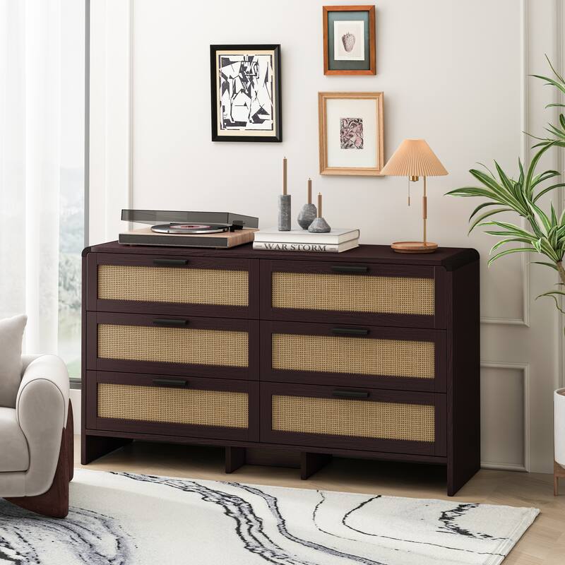51.18'' Arc Shaped Corner Rattan Cabinet, 6-Drawers Rattan Storage Cabinet Rattan Drawer, for Living Room Bedroom,and Kitchen