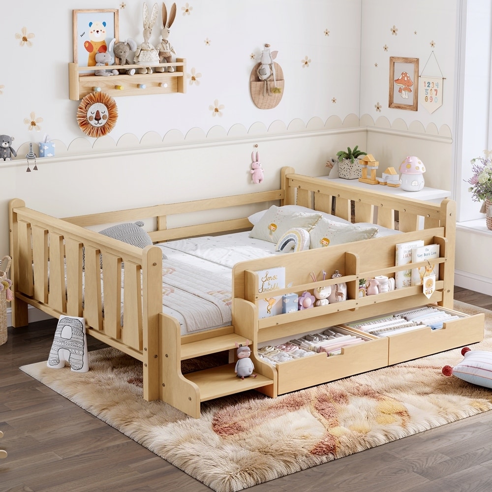 Solid Wood Kids Floor Bed with Cute Stairs and Guardrails