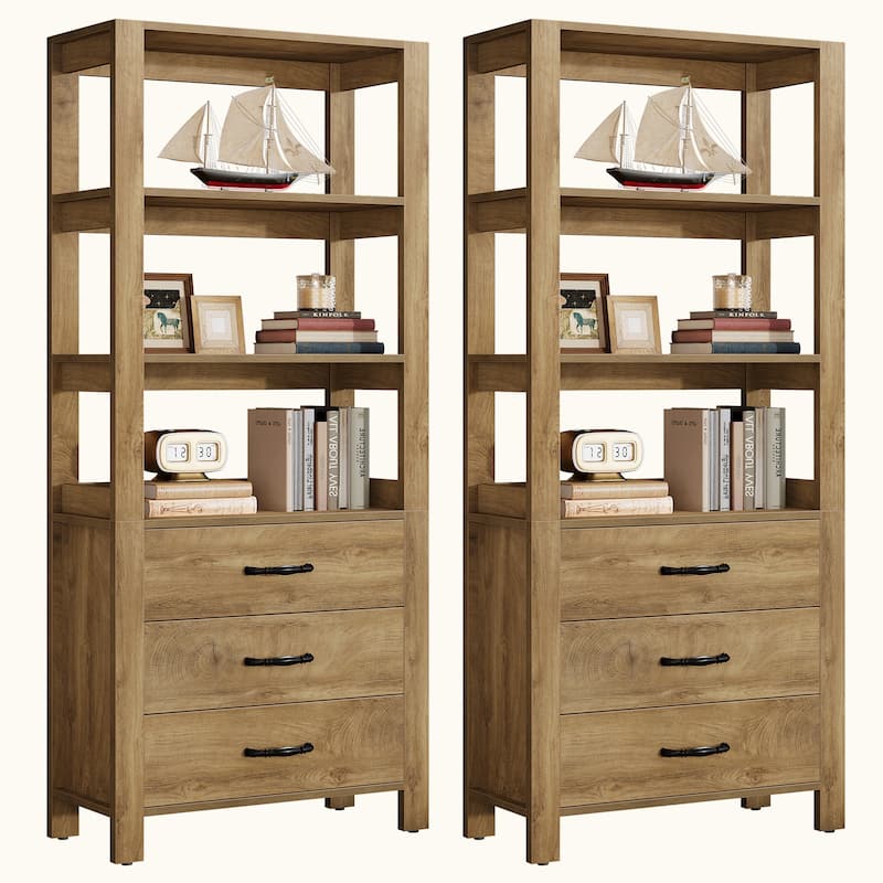 70.9" Tall Bookcase Bookshelf with 3 Drawers and 3-tier Open Shelf - 13.78" D x 31.5" W x 70.9" H - Natural Brown-2PCS