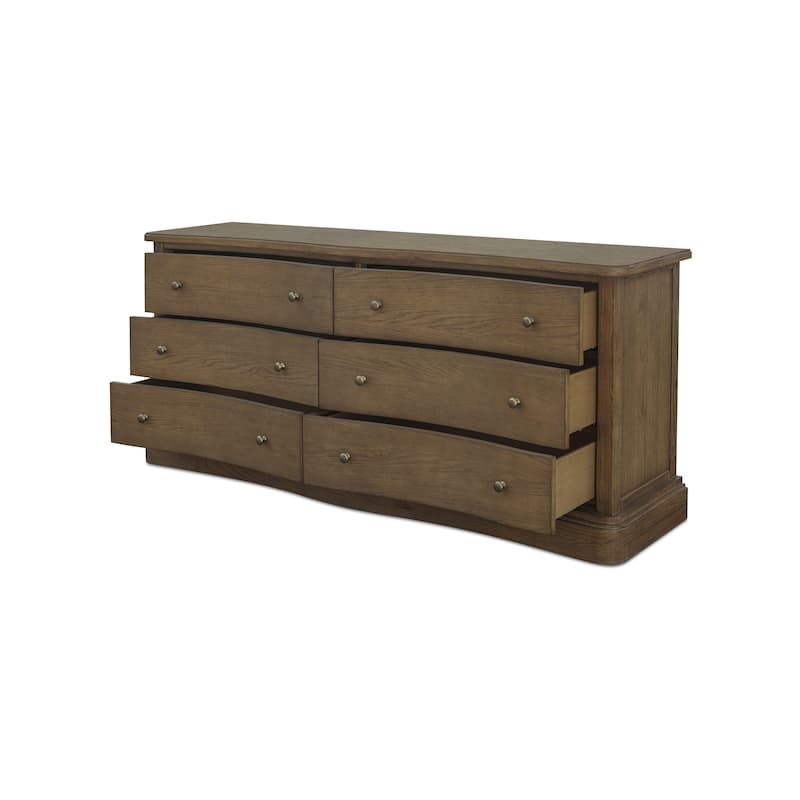 Lioren Dresser, Solid Oak, 6 Drawers, Curved Front, Brass Handles, Warm Brown