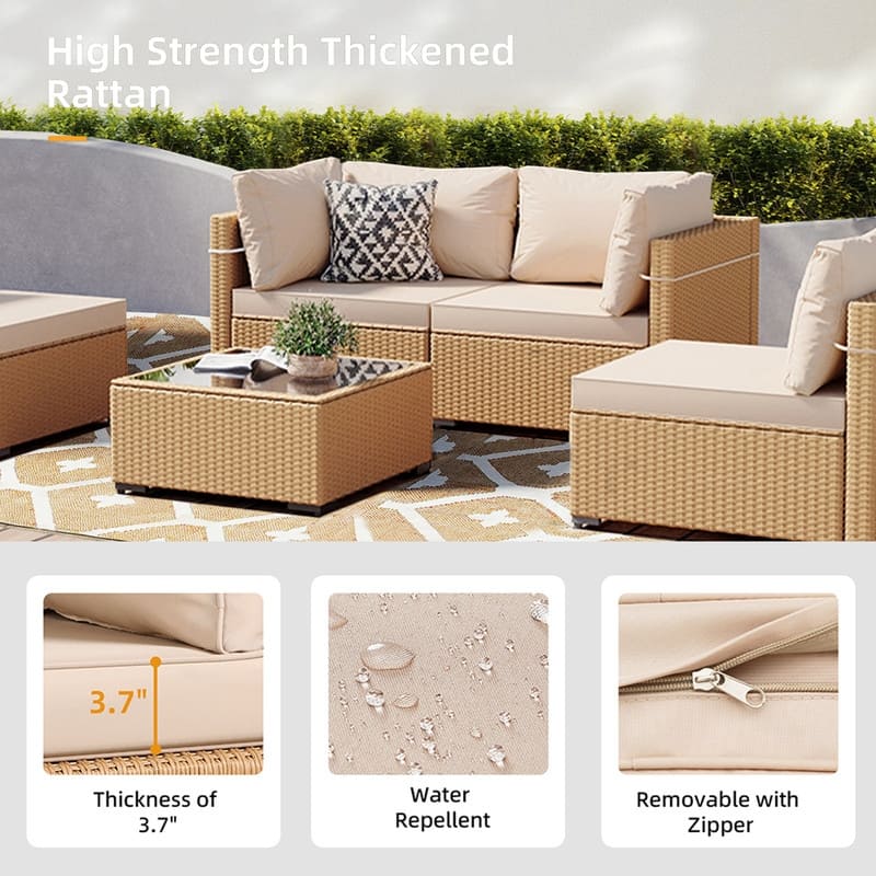 Patio Watcher 5-Pieces Yellow Rattan Conversation Set with Cusions for Outdoors