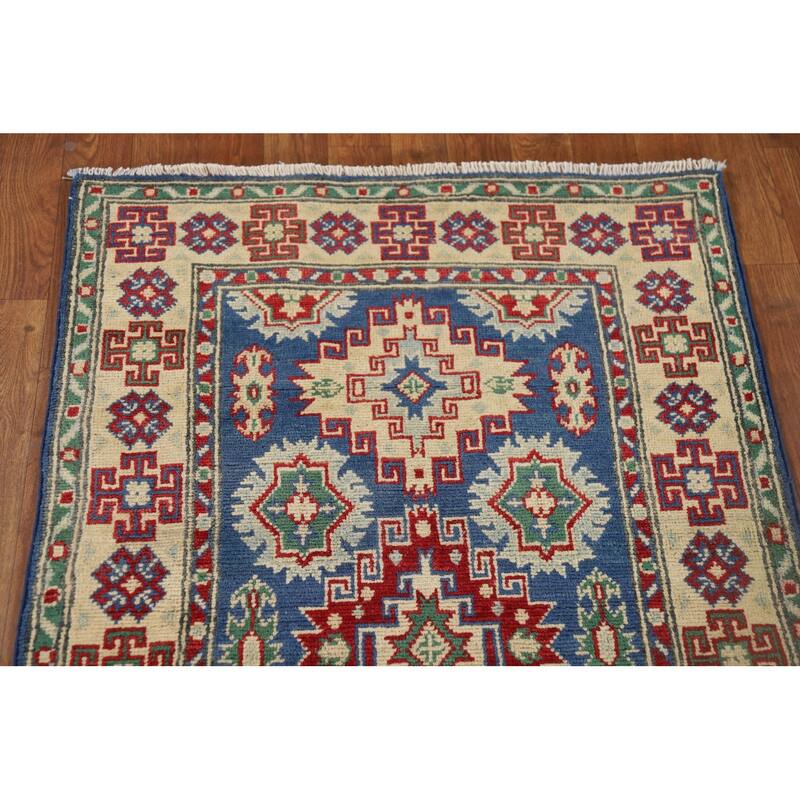 Kazak Runner Rug Hand-Knotted Traditional Blue Wool Carpet - 2'7" x 13'1"