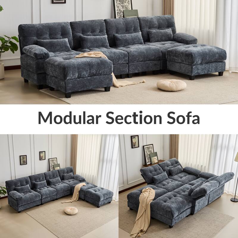 119" 4-Seater Chenille Sofa with 2 Ottomans, 4-Position Adjustable Backrest, 4 Pillows and Easy Assembly for Living Room
