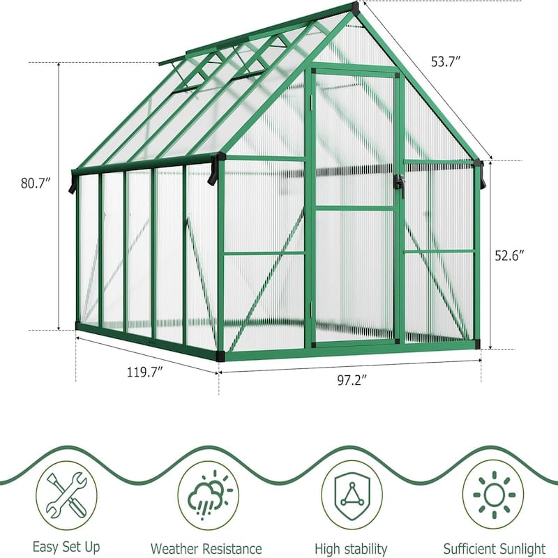 8x14 FT Outdoor Greenhouse, Polycarbonate Greenhouse with Roof Vent and Ground Nails, Green - 8*14FT