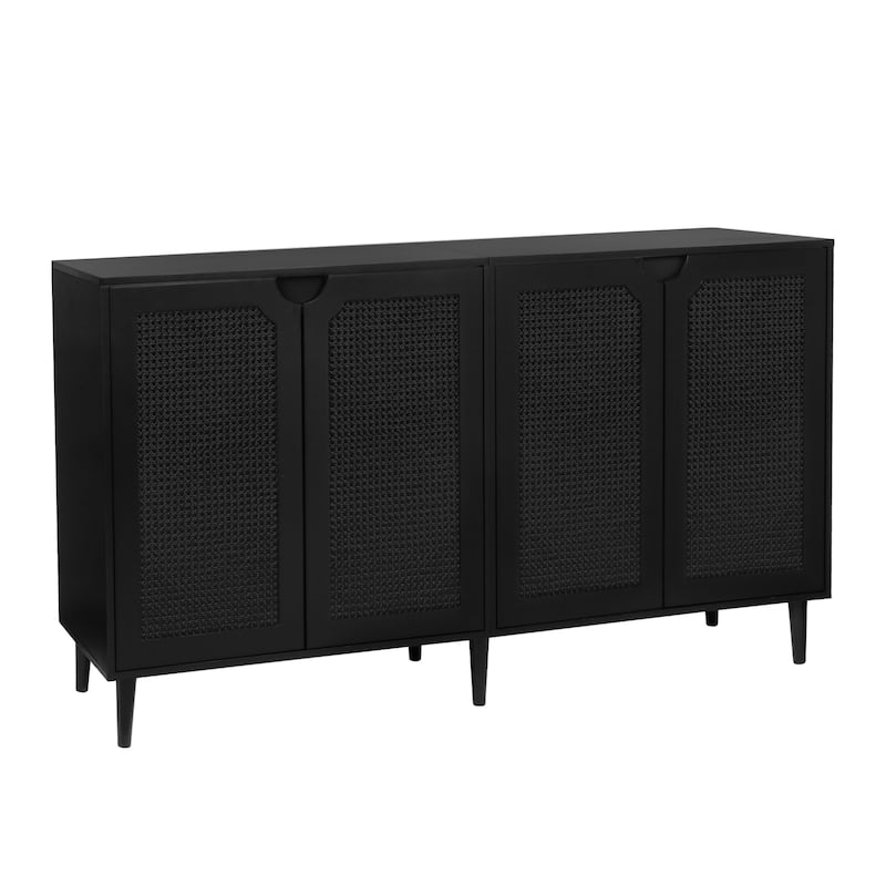 Anmytek 4-Door Black Rattan Buffet Sideboard Modern Accent Storage Cabinet with Adjustable Shelf - 63" W x 15.7" D x 35.4" H