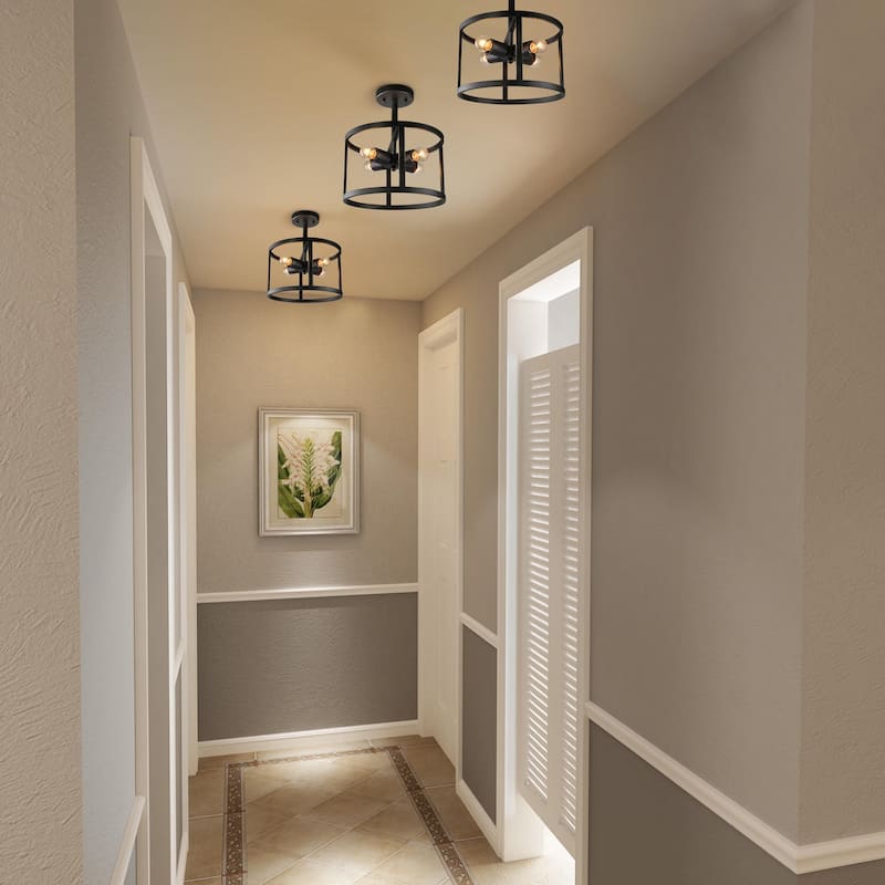 Modern Farmhouse 4-Light Metal Black Drum Semi-flush Mount Foyer Lights - W11.8"xH14"
