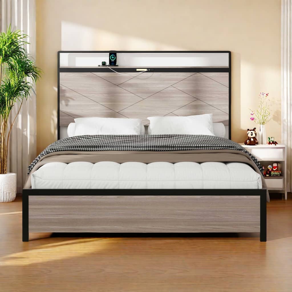 Queen Size Platform Bed with Built-In LED Lights and Charging Station (USB/Type-C), Under-Bed Storage