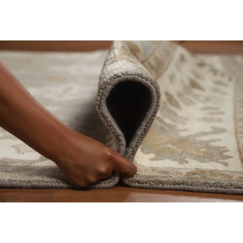 Gray Oushak Indian Area Rug Handmade Floral Transitional Wool Carpet - 7'11" x 10'1"