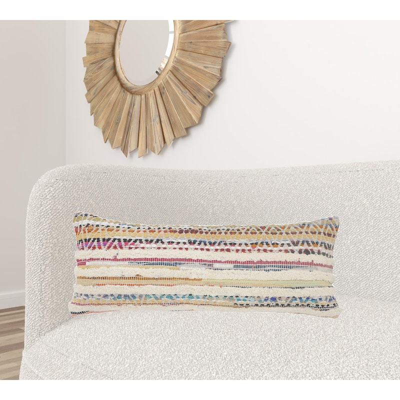 HomeRoots 14" X 36" Off-White Red Blue Orange And Green 100% Cotton Striped Zippered Pillow