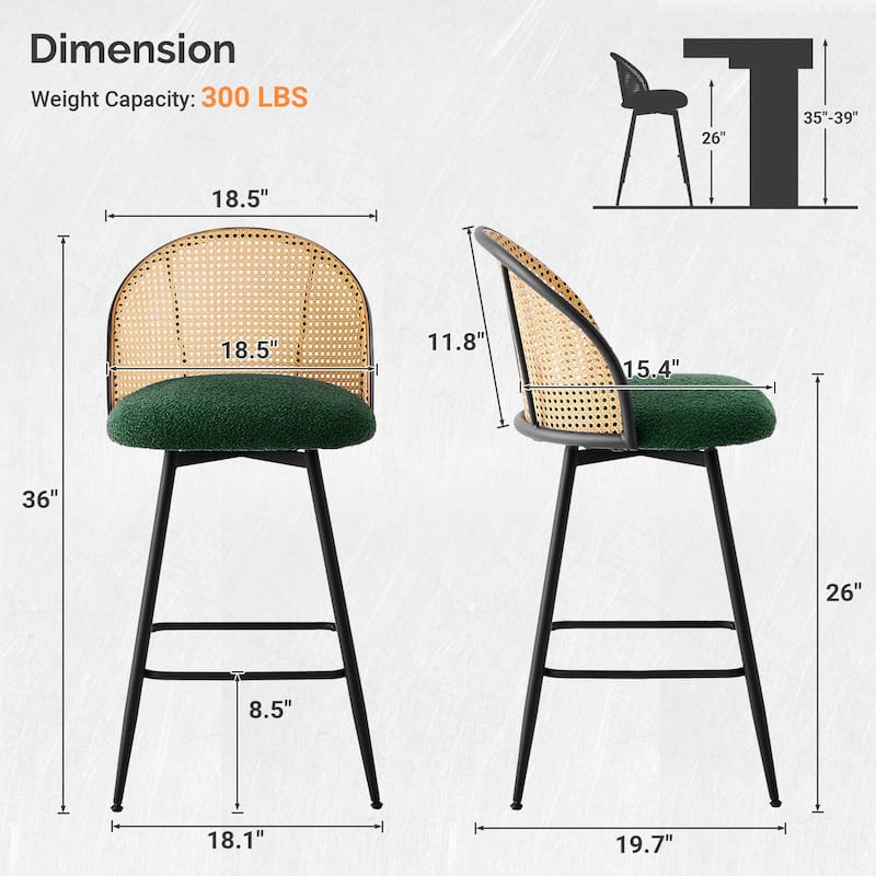 26-Inch Swivel Counter Height Bar Stools with Rattan Back - 36"H x 18.5"W x 19.7"D