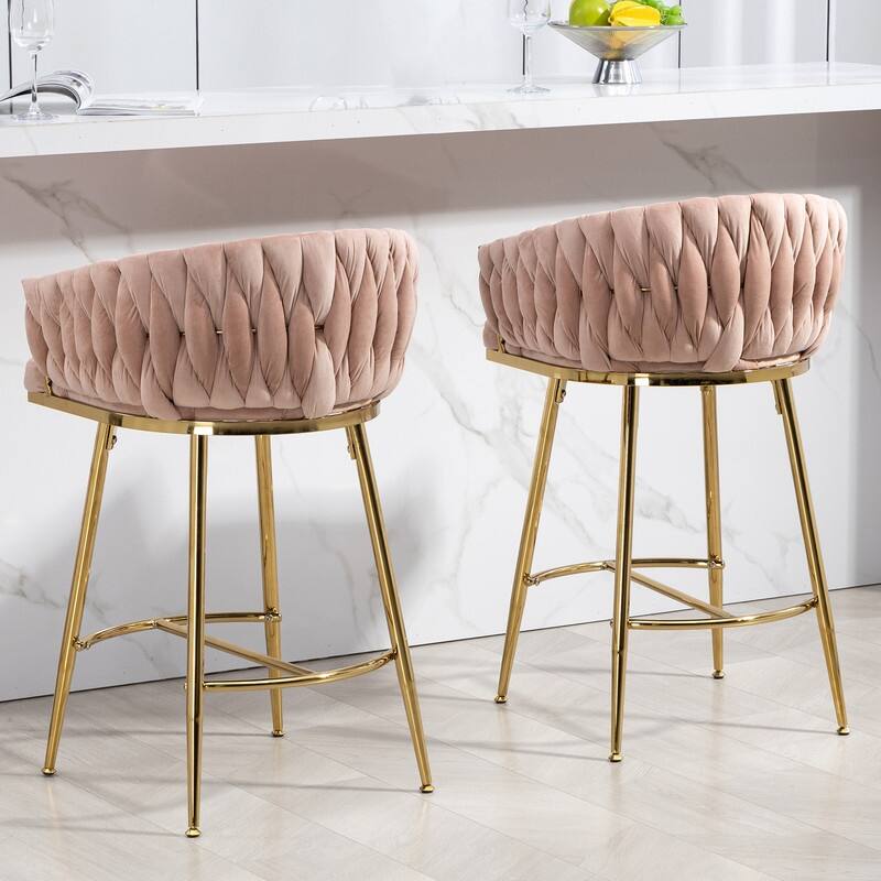 (Set of 1) 26" Velvet Counter Height Bar Stool with Wave Back, Golden Chrome Base and Footrest