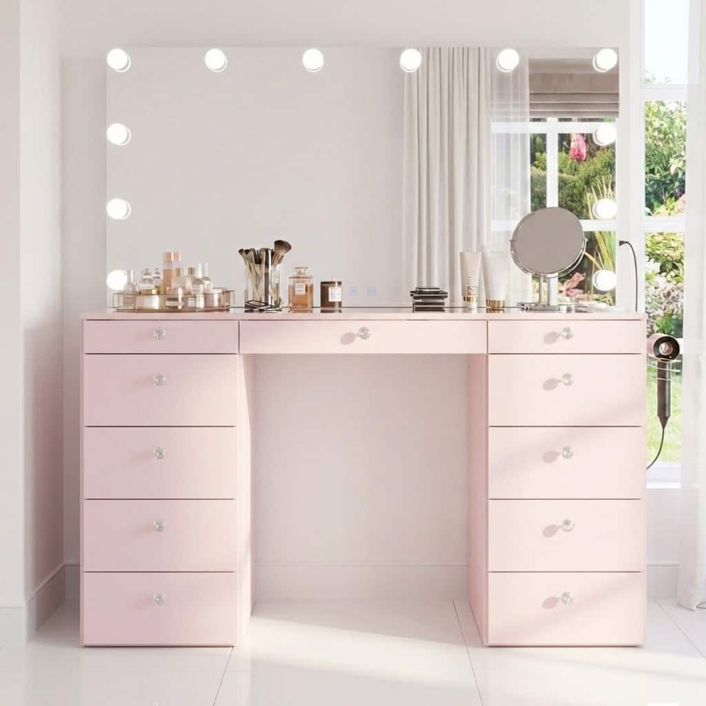 Boahaus Orla 11-Drawer Vanity Desk with Dimmable LED Mirror, Storage, Power Outlet & Integrated Speakers