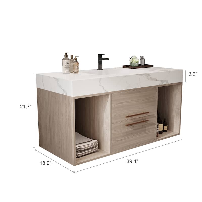 Modern Wall Mounted Bathroom Vanity Floating Storage Cabinet with Ceramic Sink, Faux Marble Countertop, Drawers and Open Shelves