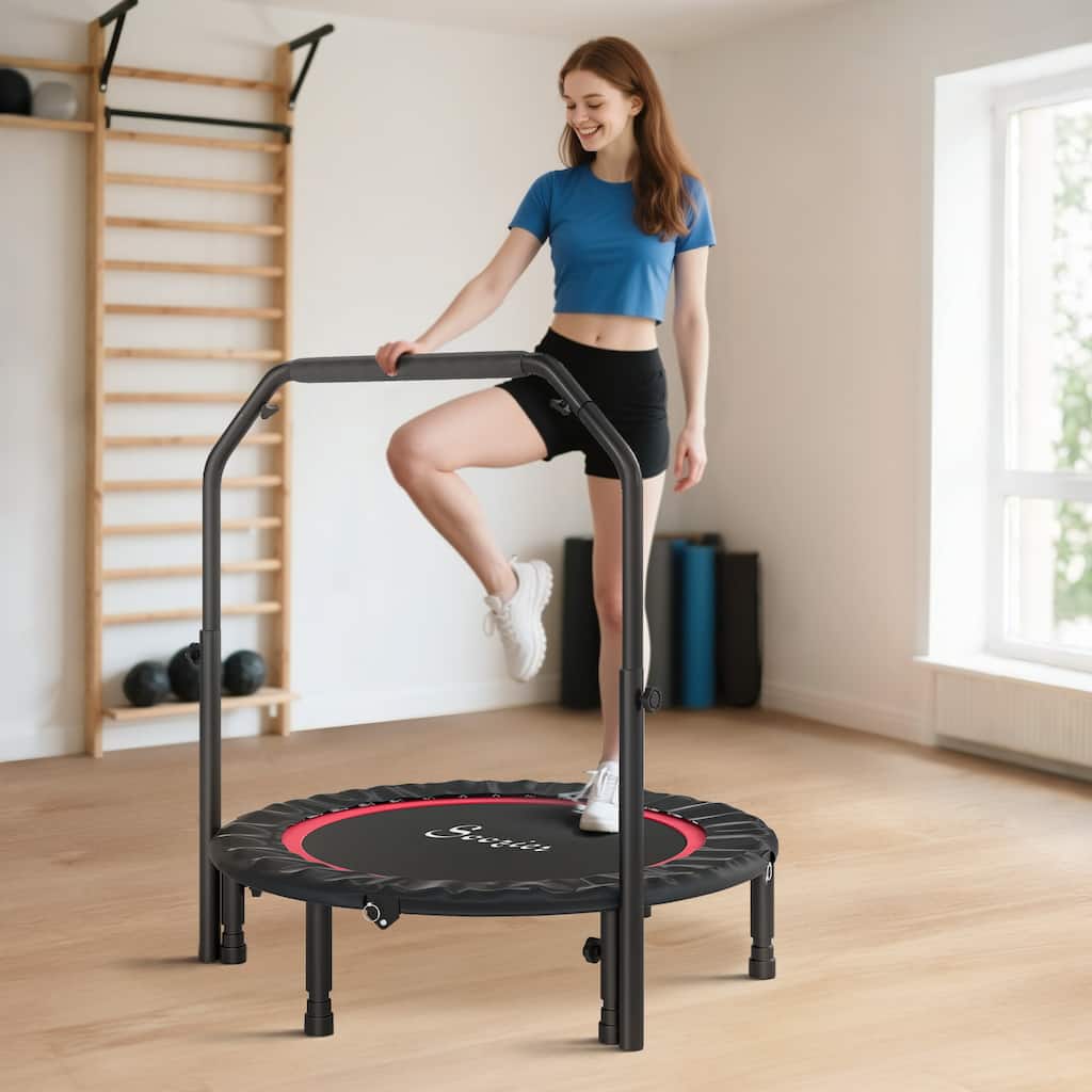 Soozier 40" Foldable Mini Trampoline, for Adults with Adjustable Foam Handle and Resistance Bands, Max Load 330 lbs, Red