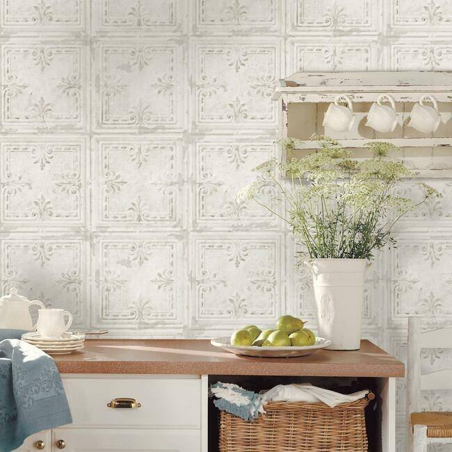 RoomMates Tin Tile Peel and Stick Wallpaper White On Sale Bed Bath & Beyond 33986740