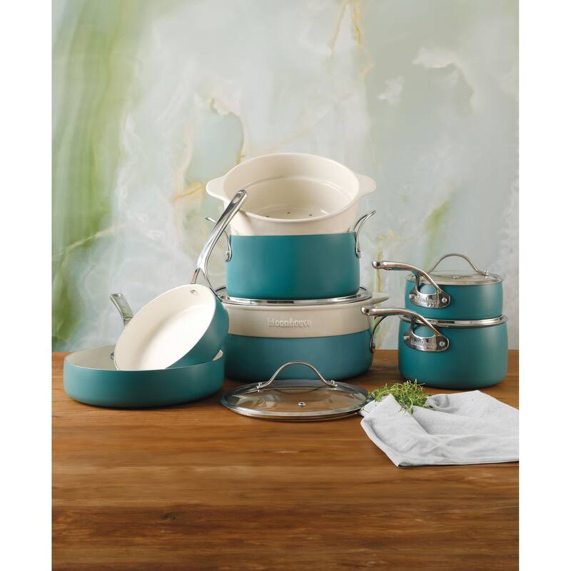 Bloomhouse 12 Piece Aluminum Enamel Cookware Set w/ Non-stick Non-toxic Ceramic Interior and Ceramic Steamer Insert