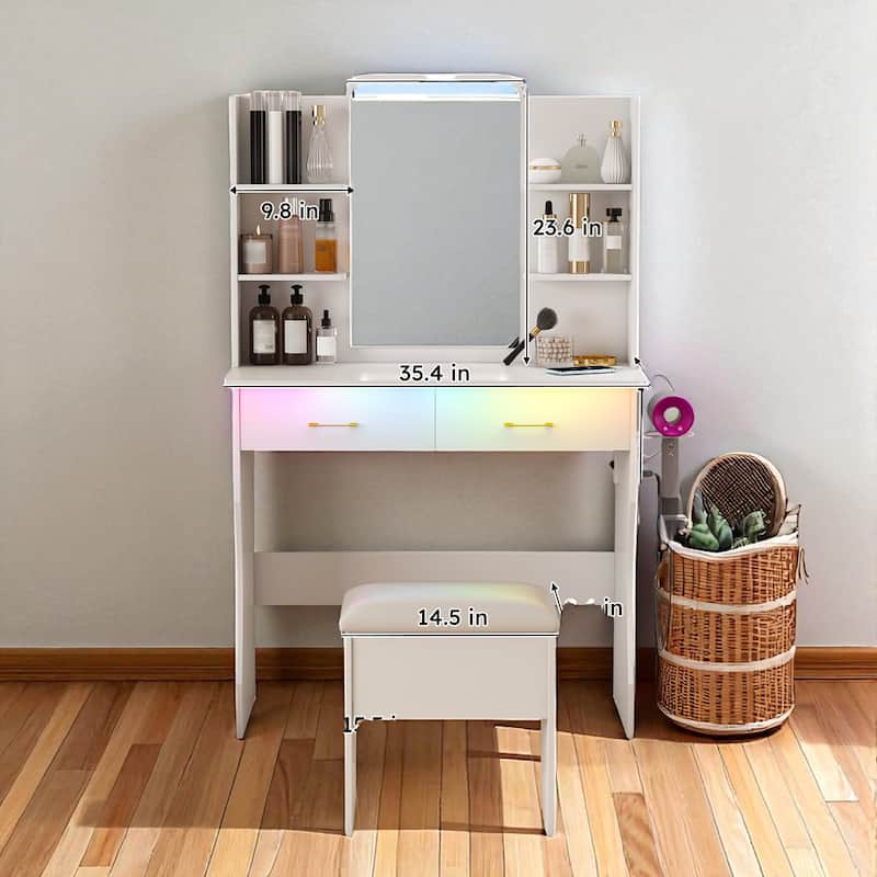 Vanity Desk with LED Mirror & RGB Lights, Power Outlet, 2 Drawers, Shelves & Chair, Dressing Table for Bedroom