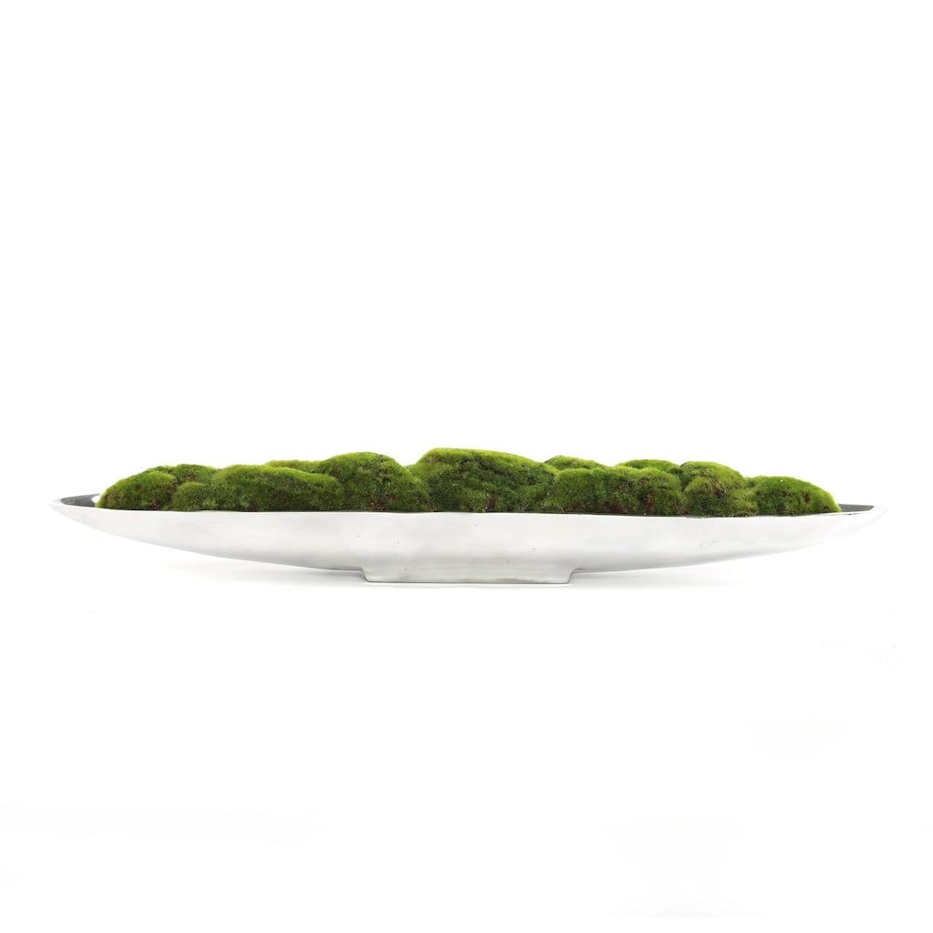 Faux Green Grass Moss Arrangement in Large Metal Boat Tray