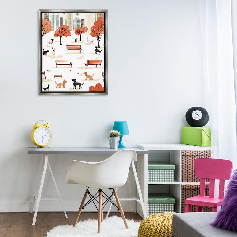 Stupell Autumn City Park Dogs Framed Floater Canvas Wall Art Design By Arlington Prints