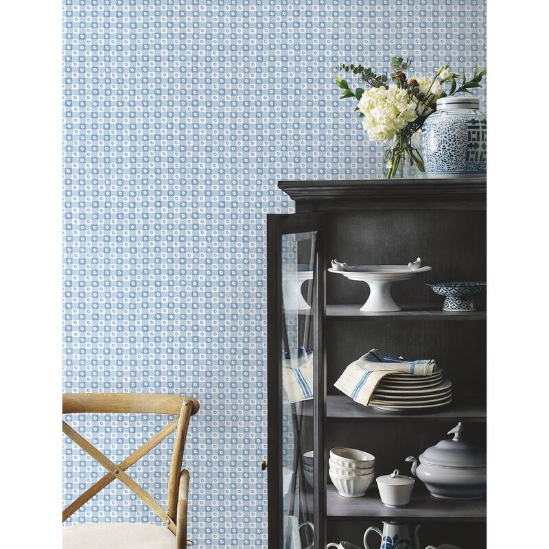 Rifle Paper Co. Daisy Gingham Blue Floral Check Premium Peel + Stick Wallpaper