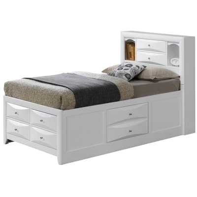 Wooden Panel Twin Bed with Drawers and Shelves - 87" - White