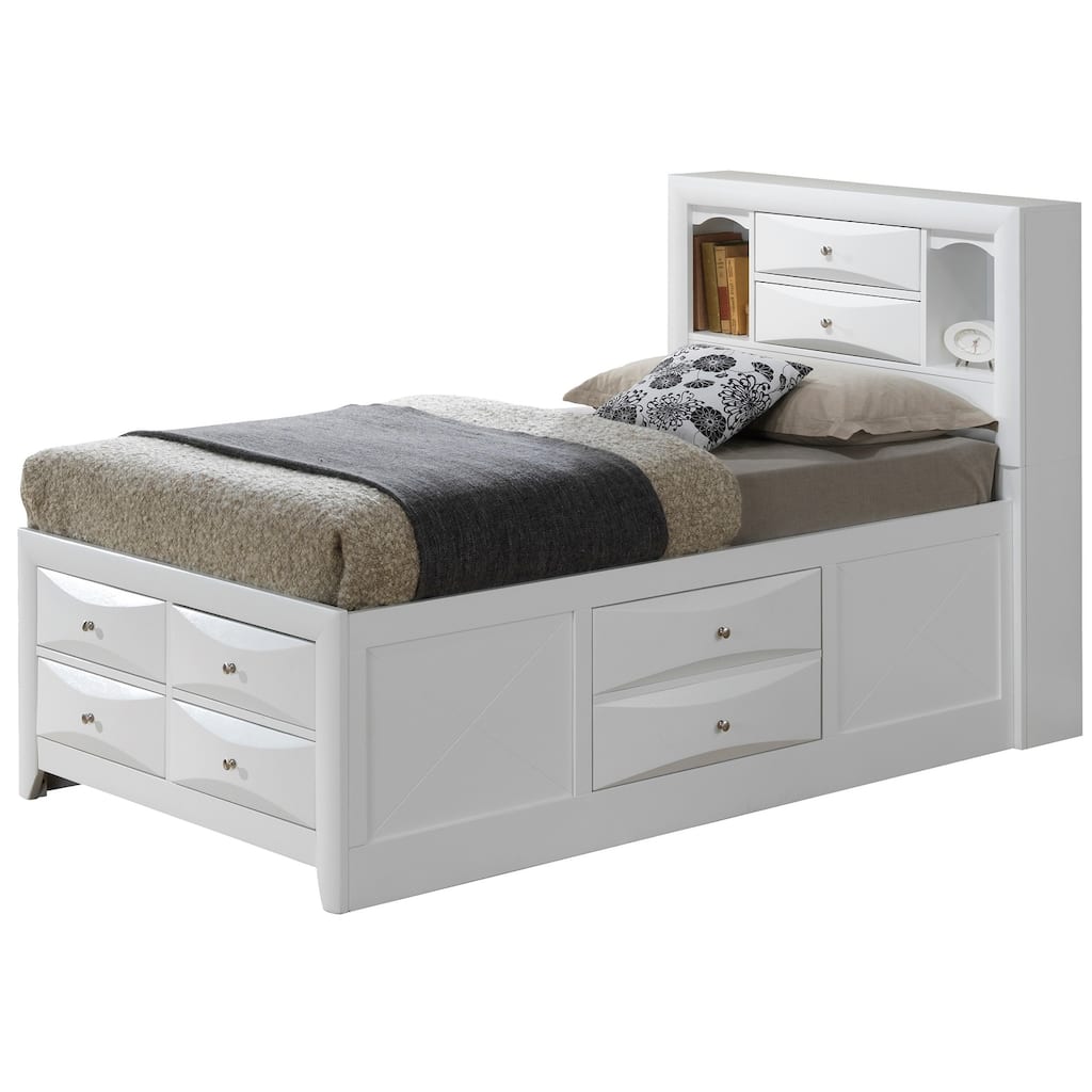 Wooden Panel Twin Bed with Drawers and Shelves - 87" - White