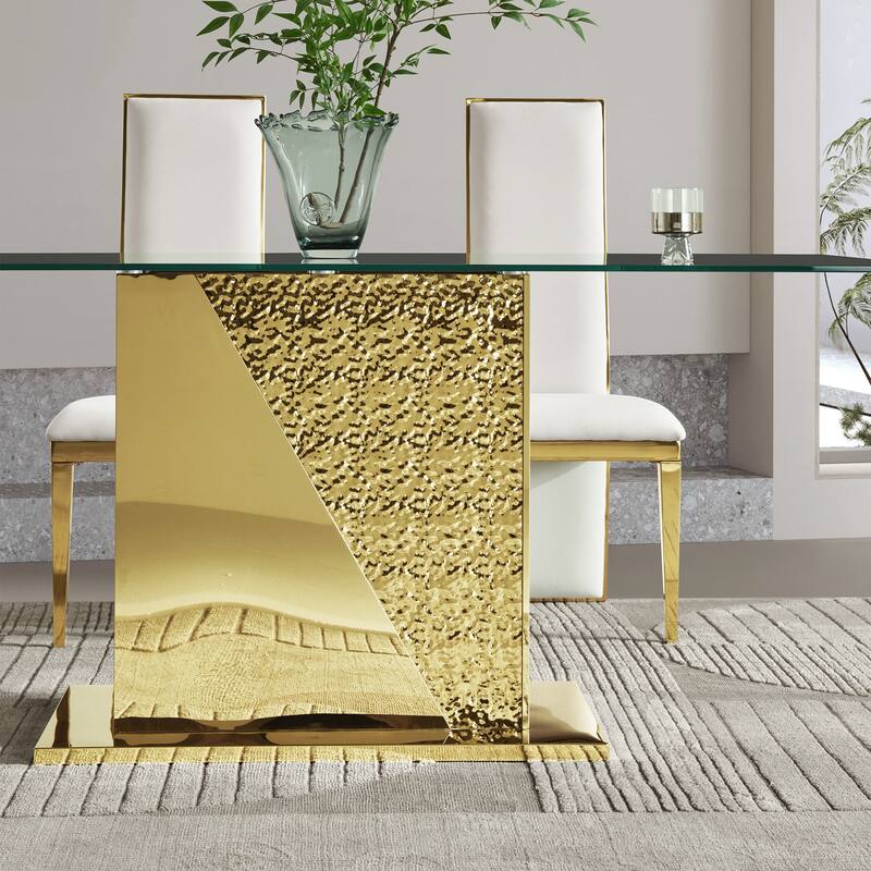 Gold stainless steel legs dining table 70.08 inch black tempered glass top