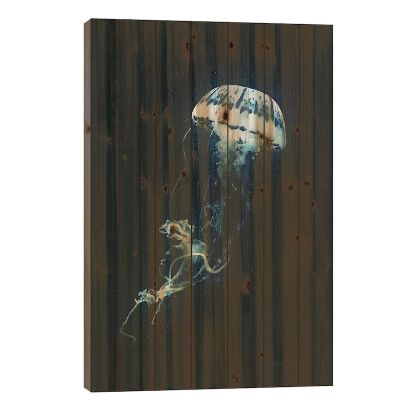 Neon Jellyfish (Blue) Print On Wood by Adam Cousins - Multi-Color - 40x26x1.5