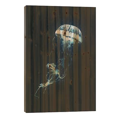 Neon Jellyfish (Blue) Print On Wood by Adam Cousins - Multi-Color