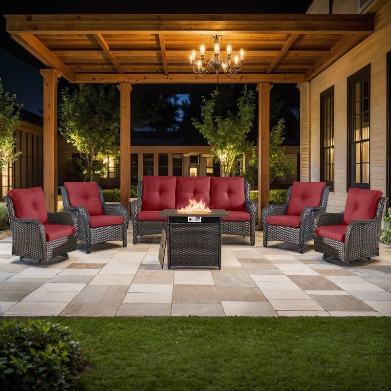 Fire Pit Table with Sofa 2 Swivel Chairs, 2 Patio Chairs - Brown - Red