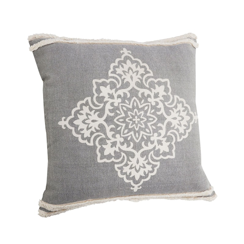 24" Gray and White Floral Medallion Square Throw Pillow
