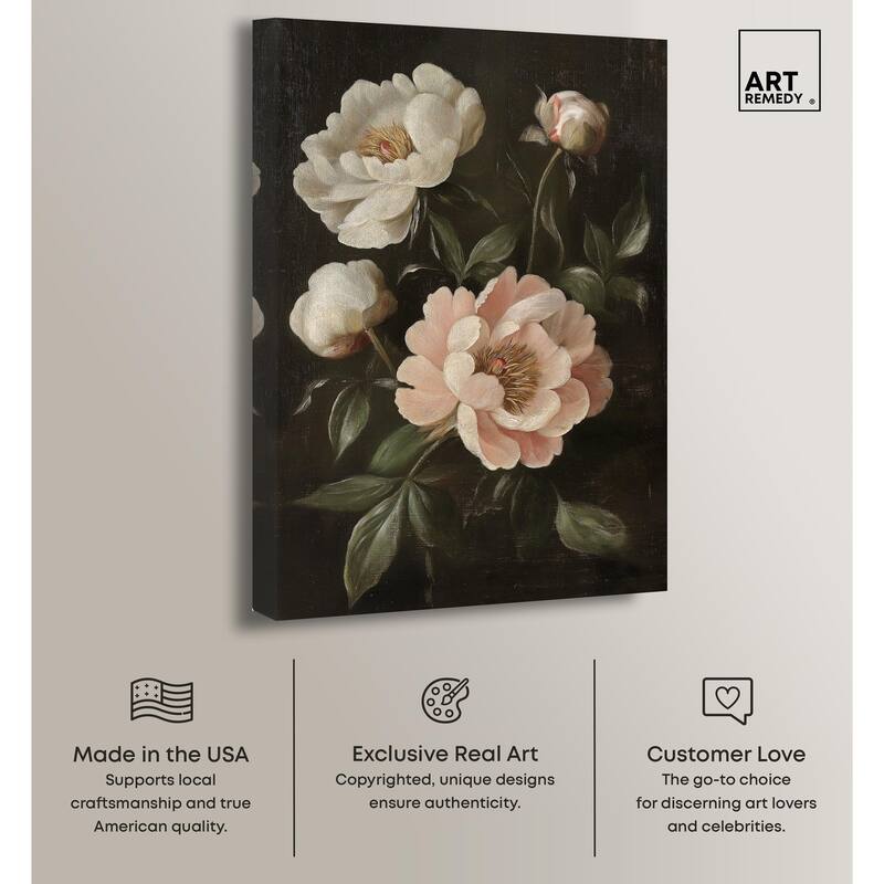 White Peonies in Dark II Canvas by Art Remedy, Gallery Wrapped