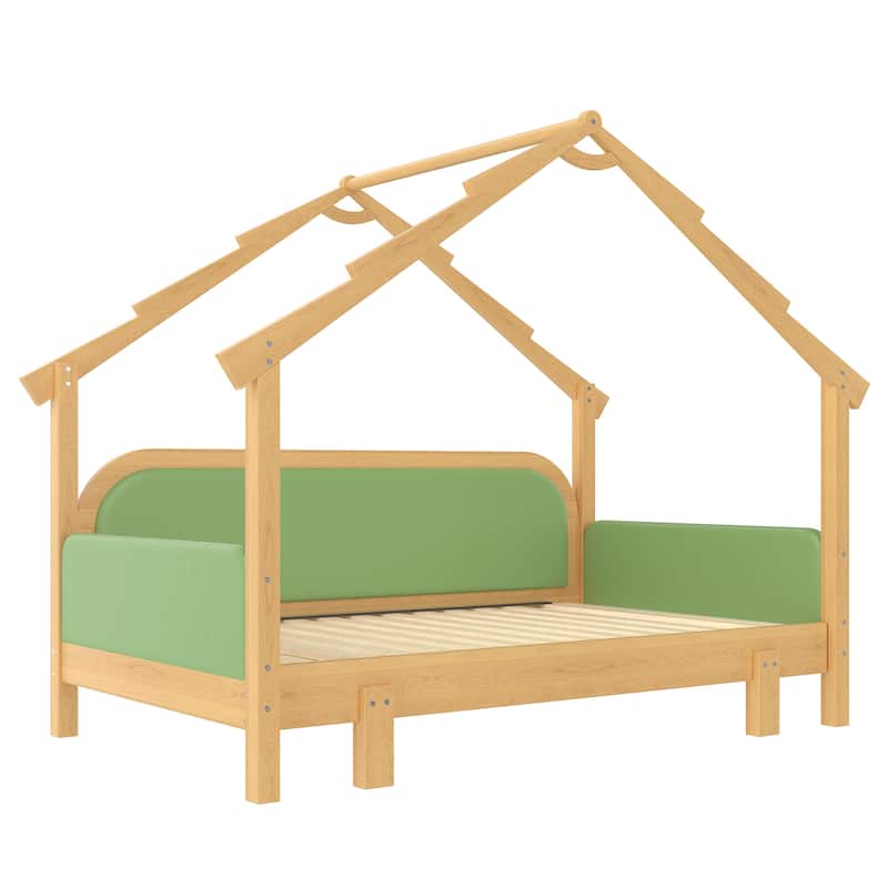 Twin Wood Treehouse Bed with Soft Cushion Rails for Kids & Teens