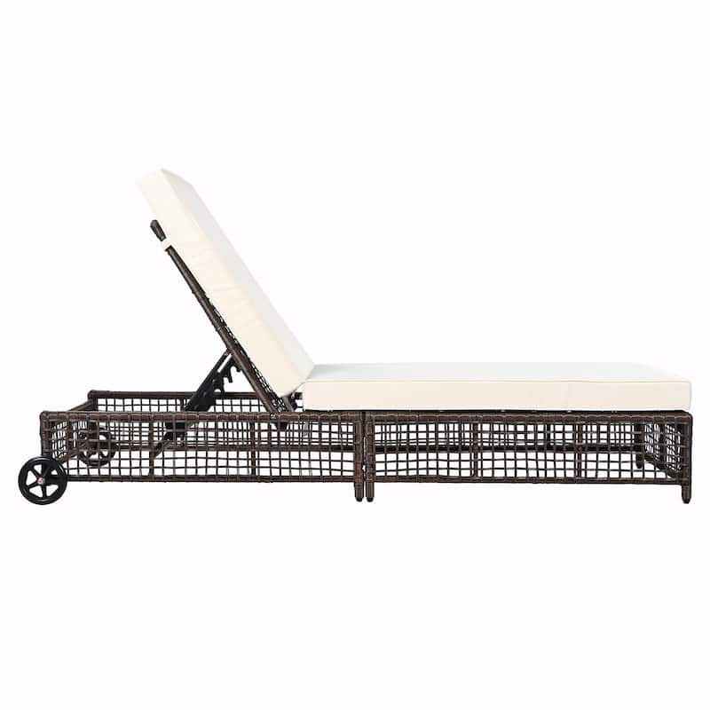 Outdoor Lounge Chair - Rattan Patio Chaise Lounge with 5-Position Backrest, Cushion, and Wheels