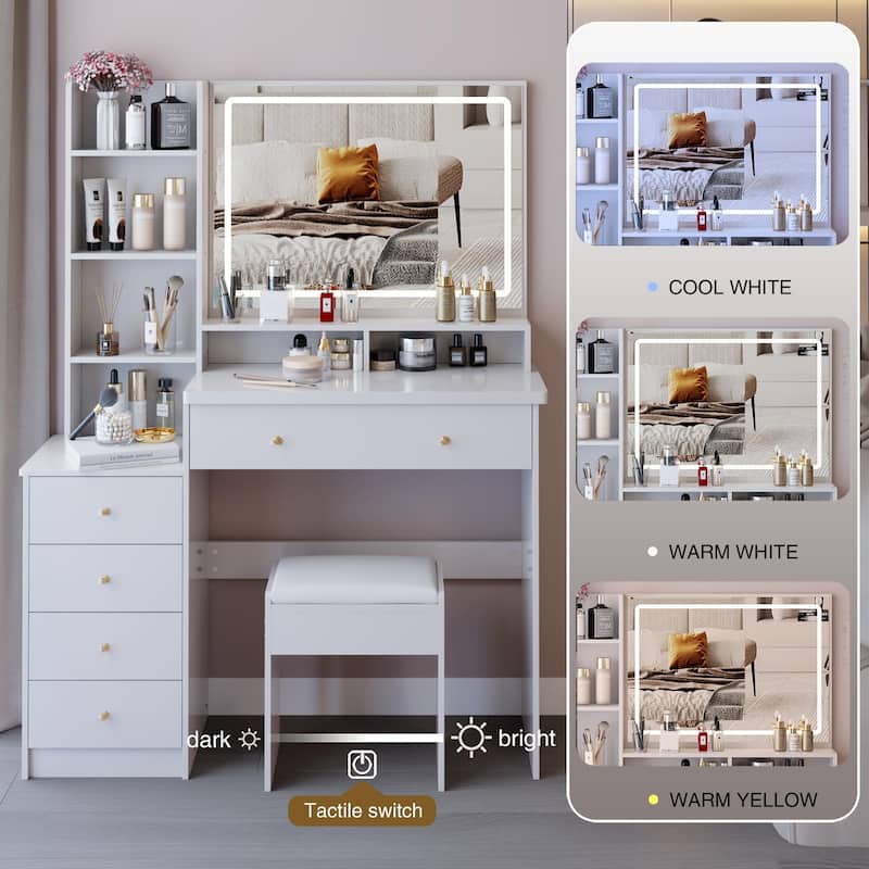 41"Large Size Left Bedside Cabinet Vanity Table+Cushioned Stool, Extra Large LED Mirror, Multi Layer High Capacity Dresser