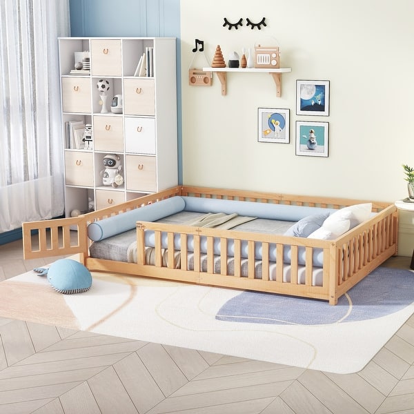 slide 2 of 108, Twin/Full/Queen Size Floor Bed with Safety Guardrails for Kids, Wood Montessori Bedframe w/ Door, Children's Noiseless Beds