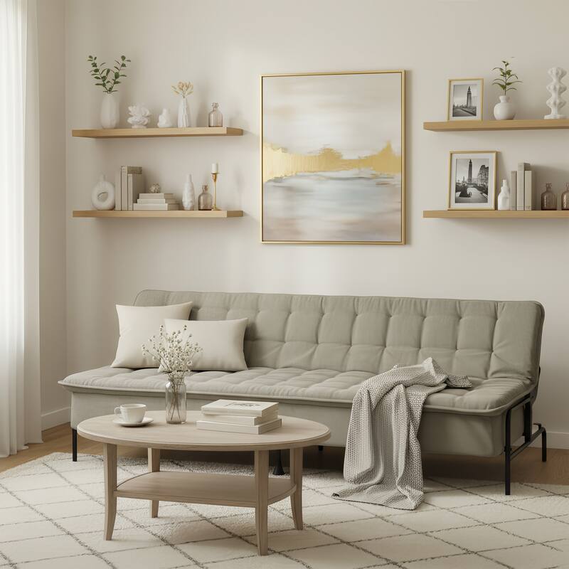 Homy Casa Modern Convertible Sofa Bed, Beige Futon Couch with Metal Frame