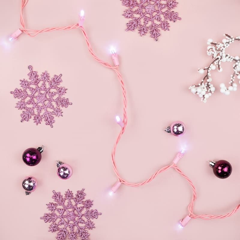 100-Count Pure White LED Wide Angle Christmas Lights 33ft Pink Wire - 33'