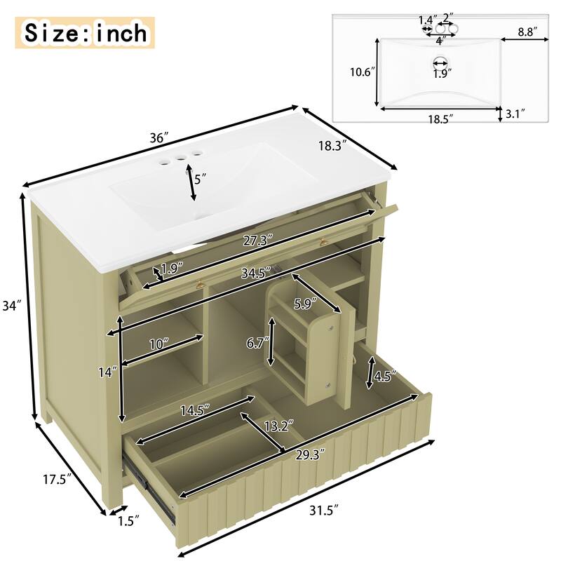 36" Bathroom vanity with sink, multi-functional bathroom cabinet with doors and storage shelves, featuring drawers